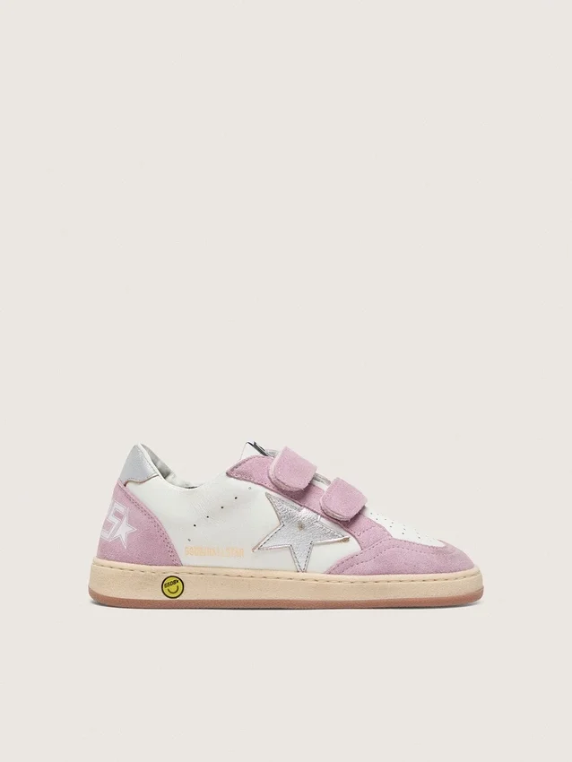 Young Ball Star in pelle bianca con stella in pelle argento metallizzato e inserti in pelle scamosciata lilla