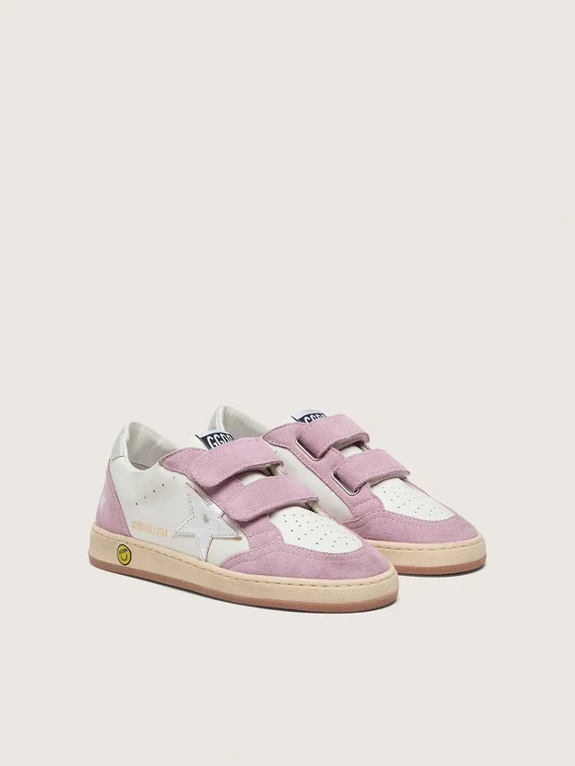 Young Ball Star in pelle bianca con stella in pelle argento metallizzato e inserti in pelle scamosciata lilla