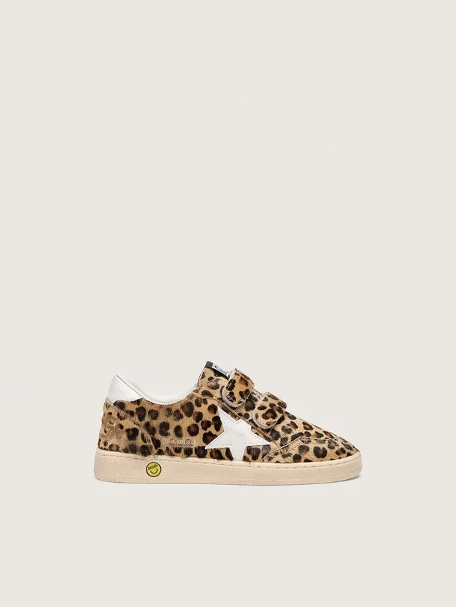 Junior Ball Star in pelle di pony con stampa leopardata, stella in pelle bianca e linguetta sul tallone