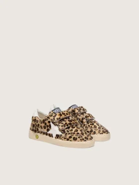 Junior Ball Star in pelle di pony con stampa leopardata, stella in pelle bianca e linguetta sul tallone