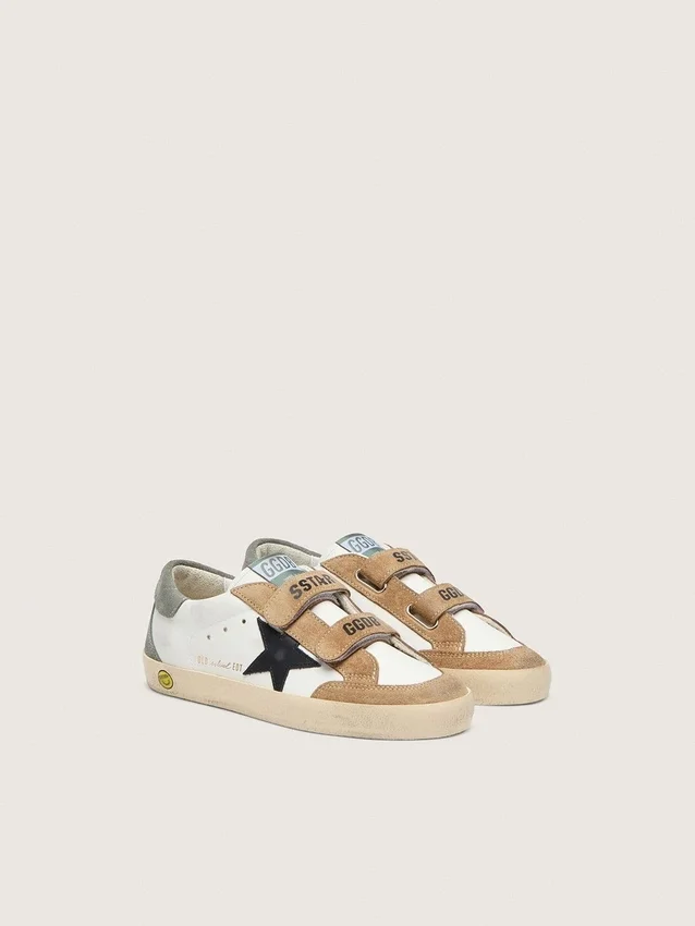 Junior Old School con stella in pelle nera e inserti in pelle scamosciata beige e verde