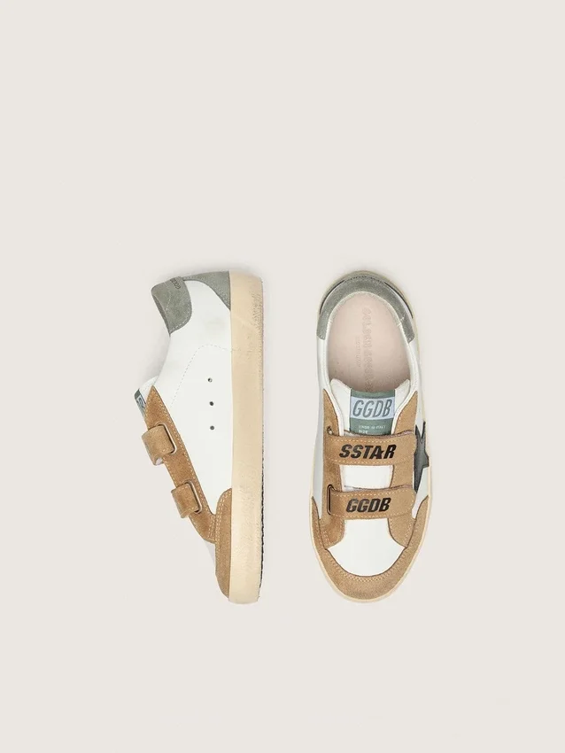 Junior Old School con stella in pelle nera e inserti in pelle scamosciata beige e verde