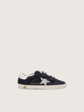 Junior Old School in camoscio blu con stella glitterata argento e linguetta sul tallone in pelle bianca