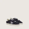 Junior Old School in camoscio blu con stella glitterata argento e linguetta sul tallone in pelle bianca