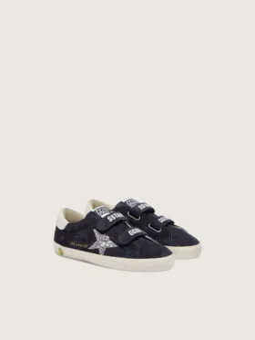Junior Old School in camoscio blu con stella glitterata argento e linguetta sul tallone in pelle bianca