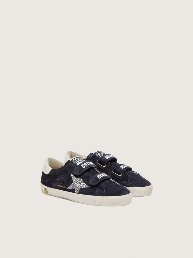 Junior Old School in camoscio blu con stella glitterata argento e linguetta sul tallone in pelle bianca