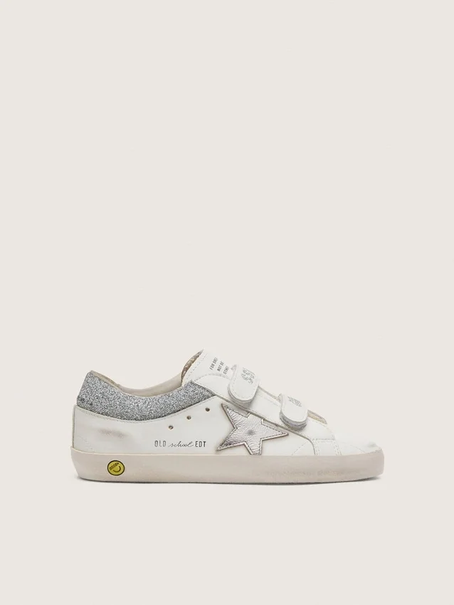 Young Old School in pelle bianca con stella in pelle argento metallizzato e inserti in cristallo argento