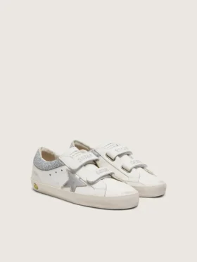 Junior Old School in pelle bianca con stella in pelle argento metallizzato e inserti in cristallo argento
