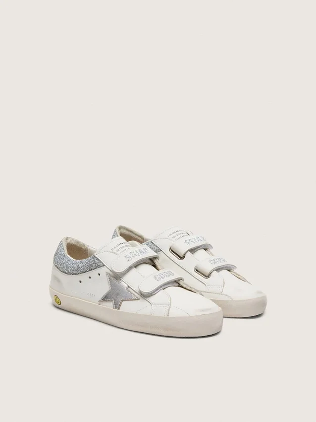 Young Old School in pelle bianca con stella in pelle argento metallizzato e inserti in cristallo argento