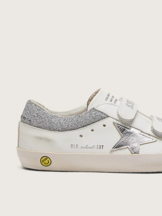 Young Old School in pelle bianca con stella in pelle argento metallizzato e inserti in cristallo argento
