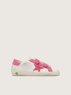 Junior Old School in pelle color crema con stella e inserti in pelle scamosciata rosa