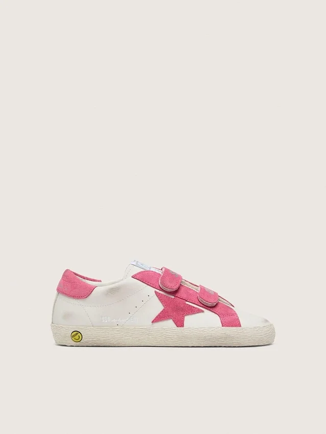 Junior Old School in pelle color crema con stella e inserti in pelle scamosciata rosa
