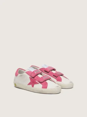 Junior Old School in pelle color crema con stella e inserti in pelle scamosciata rosa