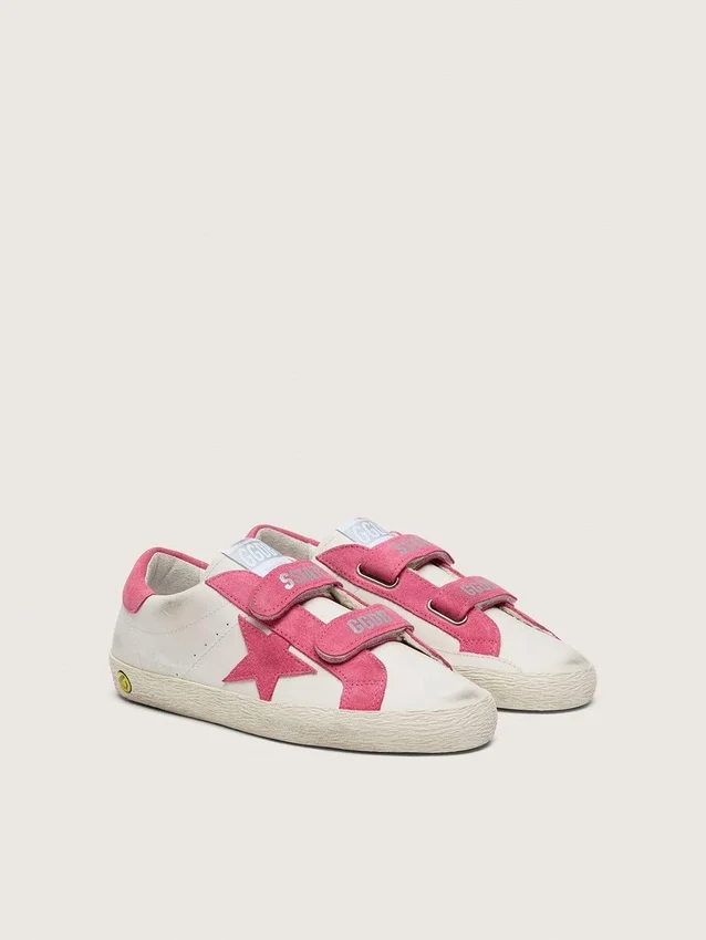 Junior Old School in pelle color crema con stella e inserti in pelle scamosciata rosa