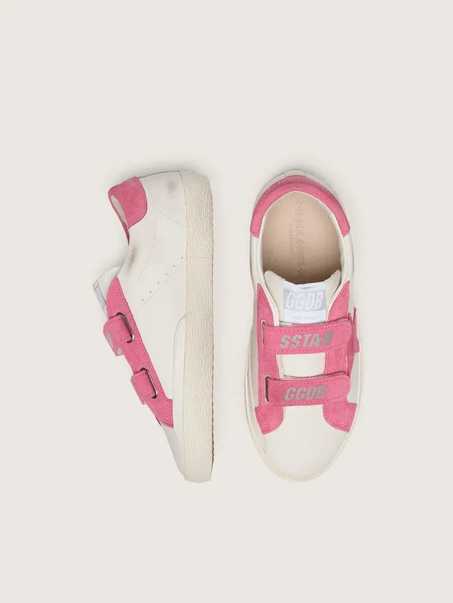 Junior Old School in pelle color crema con stella e inserti in pelle scamosciata rosa