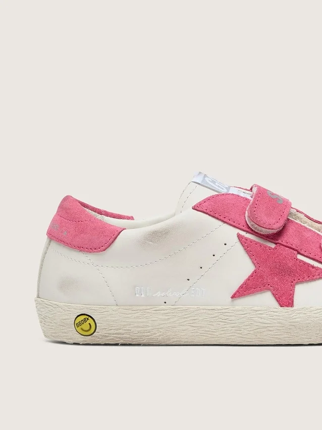 Junior Old School in pelle color crema con stella e inserti in pelle scamosciata rosa