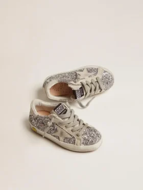 Junior Super-Star con glitter argento e dettagli in pelle scamosciata
