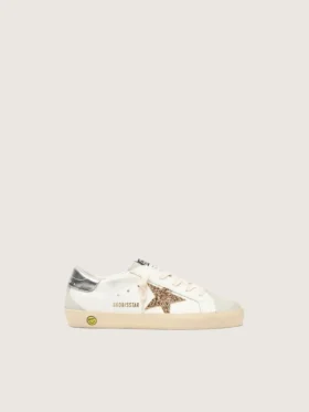 Junior Super-Star con stella glitterata dorata e linguetta sul tallone in pelle metallizzata argento