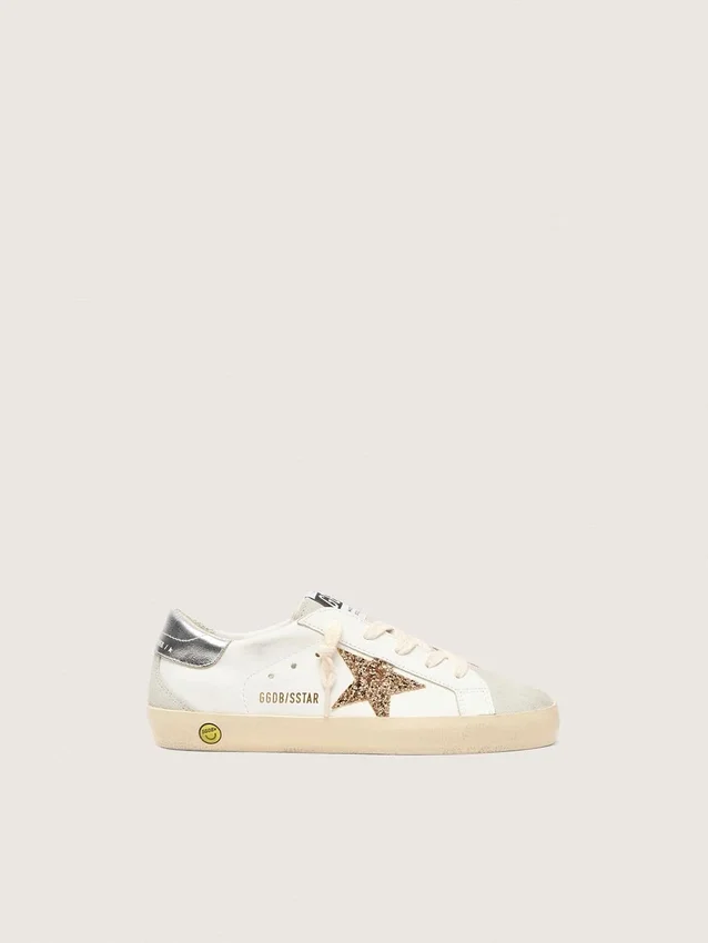 Junior Super-Star con stella glitterata dorata e linguetta sul tallone in pelle metallizzata argento