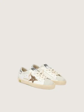 Junior Super-Star con stella glitterata dorata e linguetta sul tallone in pelle metallizzata argento