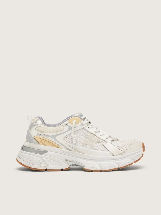 Lightstar da uomo in pelle bianca e mesh con stella in effetto consumato