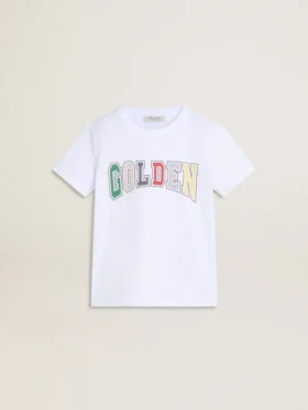 Maglietta bianca da bambino con stampa Golden multicolore