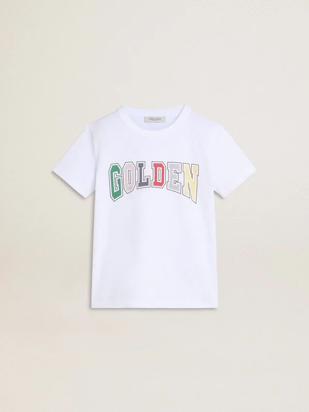 Maglietta bianca da bambino con stampa Golden multicolore