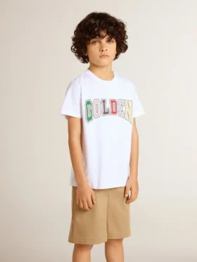 Maglietta bianca da bambino con stampa Golden multicolore