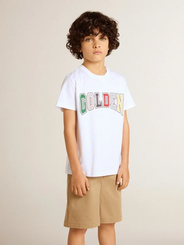 Maglietta bianca da bambino con stampa Golden multicolore