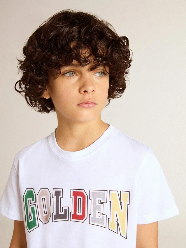 Maglietta bianca da bambino con stampa Golden multicolore