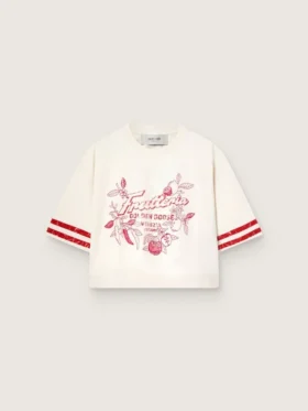 Maglietta corta da donna in cotone bianco con stampa e ricami