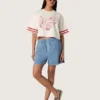 Maglietta corta da donna in cotone bianco con stampa e ricami