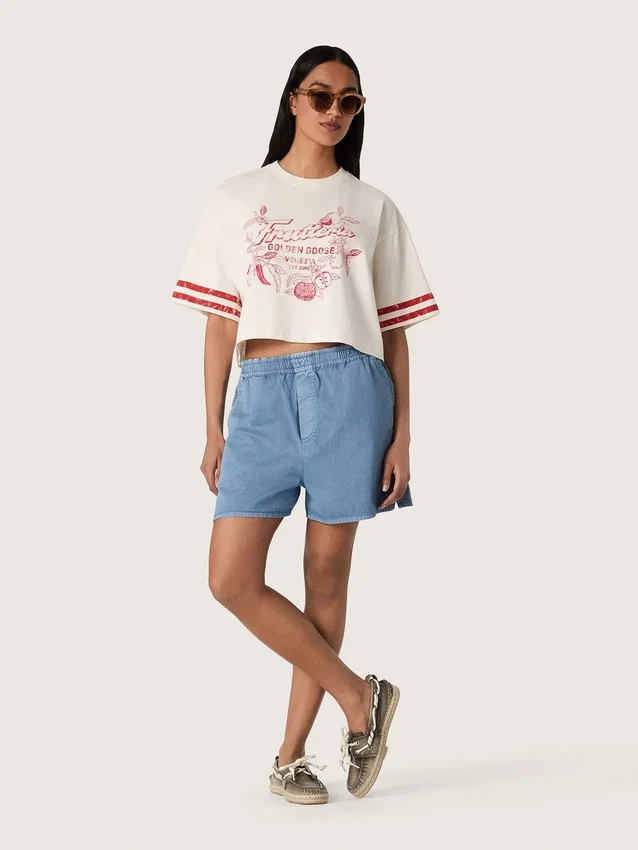 Maglietta corta da donna in cotone bianco con stampa e ricami