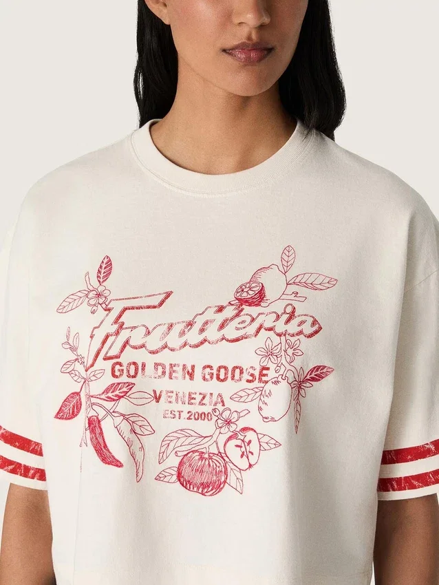Maglietta corta da donna in cotone bianco con stampa e ricami