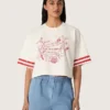 Maglietta corta da donna in cotone bianco con stampa e ricami