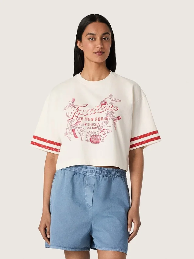 Maglietta corta da donna in cotone bianco con stampa e ricami