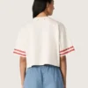 Maglietta corta da donna in cotone bianco con stampa e ricami