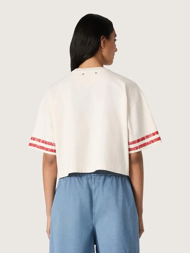 Maglietta corta da donna in cotone bianco con stampa e ricami