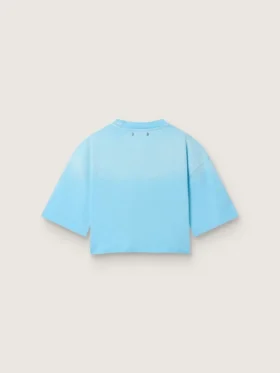 Maglietta corta da donna in jersey di cotone azzurro con stampa grafica