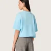Maglietta corta da donna in jersey di cotone azzurro con stampa grafica