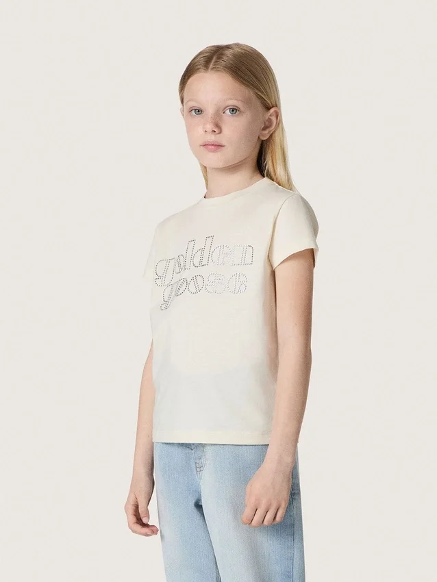 Maglietta da bambina Journey in jersey di cotone bianco con borchie argentate
