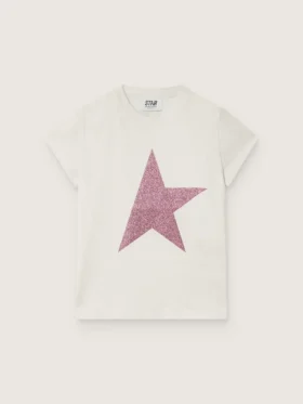Maglietta da bambina “Star” in jersey di cotone bianco con stella rosa glitterata