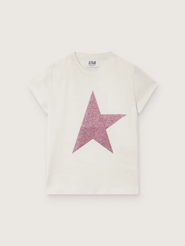 Maglietta da bambina “Star” in jersey di cotone bianco con stella rosa glitterata