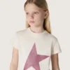 Maglietta da bambina “Star” in jersey di cotone bianco con stella rosa glitterata