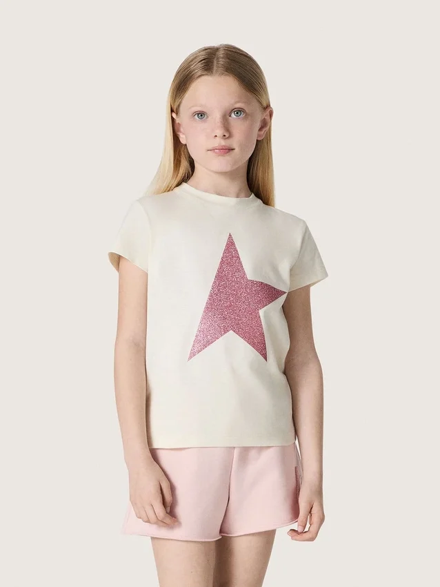 Maglietta da bambina “Star” in jersey di cotone bianco con stella rosa glitterata