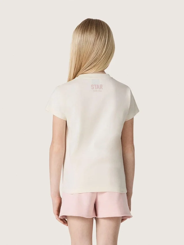 Maglietta da bambina “Star” in jersey di cotone bianco con stella rosa glitterata