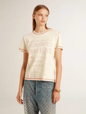 Maglietta da donna color crema con dettagli in rosso sbiadito