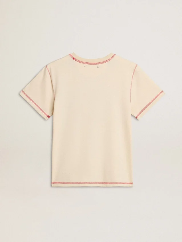 Maglietta da donna color crema con dettagli in rosso sbiadito