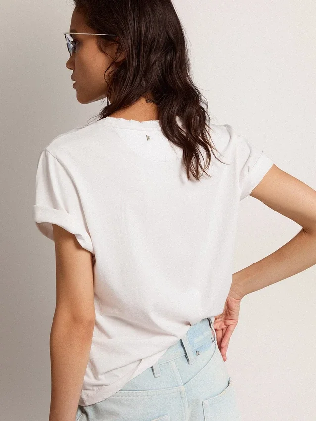 Maglietta da donna slim fit effetto consumato, colore bianco