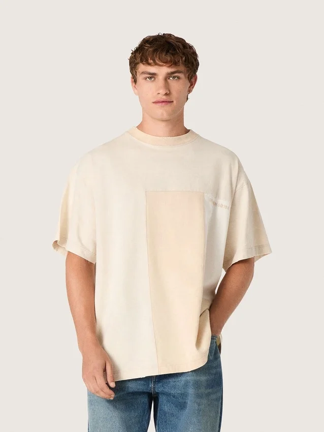 Maglietta da uomo in jersey di cotone con effetto patchwork bianco e beige